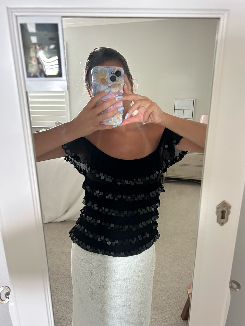 CACHE Black Ruffled Sequin Off-Shoulder Women's Top